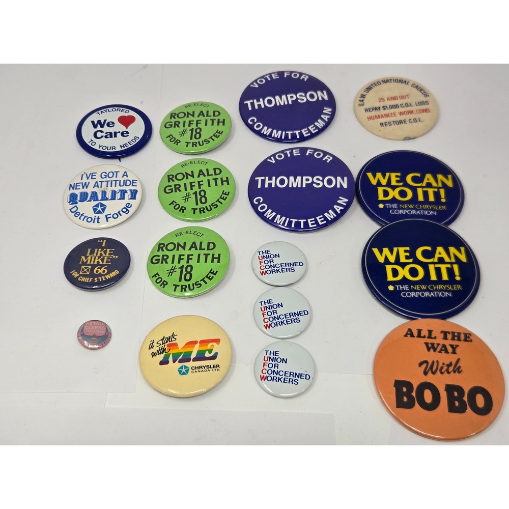 Vintage UAW Chrysler Labor Union Pinback Button Lot 16pc Detroit Forge 1961-80s